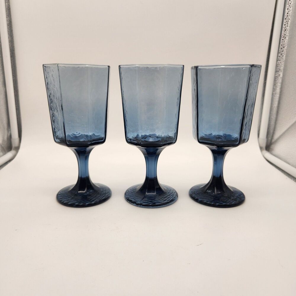 Vintage Lot Of 3 Libbey Facets Cobalt Blue Textured Multi Sided Water Goblets